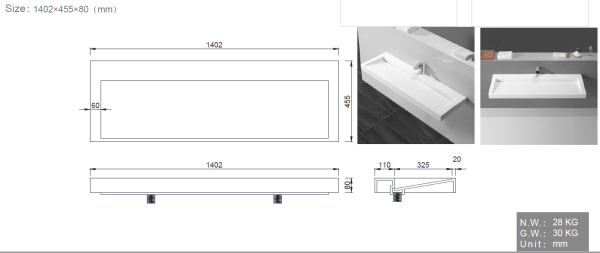 Столешница моноблок FLAT 140*46см 859-140 белый
