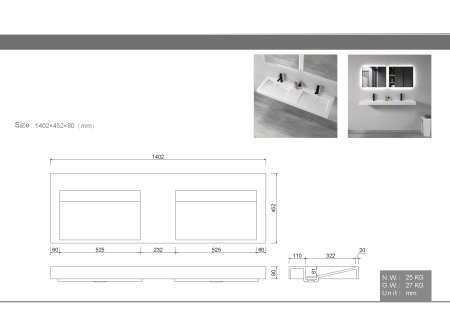 Столешница моноблок FLAT 140*46см на 2 чаши 859-140-2 белый