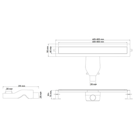Душевой трап (лоток) Boheme Premium Linear 982-60-GM, 60 см, в комплекте с решеткой под плитку, цвет gun metal